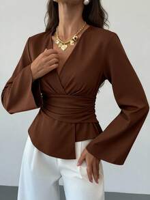 Aloruh Áo sơ mi dài tay cổ chữ V thắt eo màu cà phê, đi làm/đi chơi, áo nâu, áo cánh nữ, áo cánh thanh lịch dành cho nữ, lễ tạ ơn dành cho nữ, áo cánh sang trọng dành cho nữ, áo công sở, phong cách quý tộc, áo sơ mi trơn màu - Cà phê nâu - Xem 6