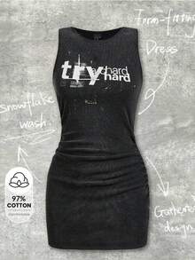 Y2Kool Ronald Lubega Women's Letter Print Pleated Casual Sleeveless Mini Dress Try Hard Dress Ribbed Dress Y2k Dress Bodycon Dress Party Dress Stylish Clothing Collection New Year Outfits Cotton - Dark Grey - View 1