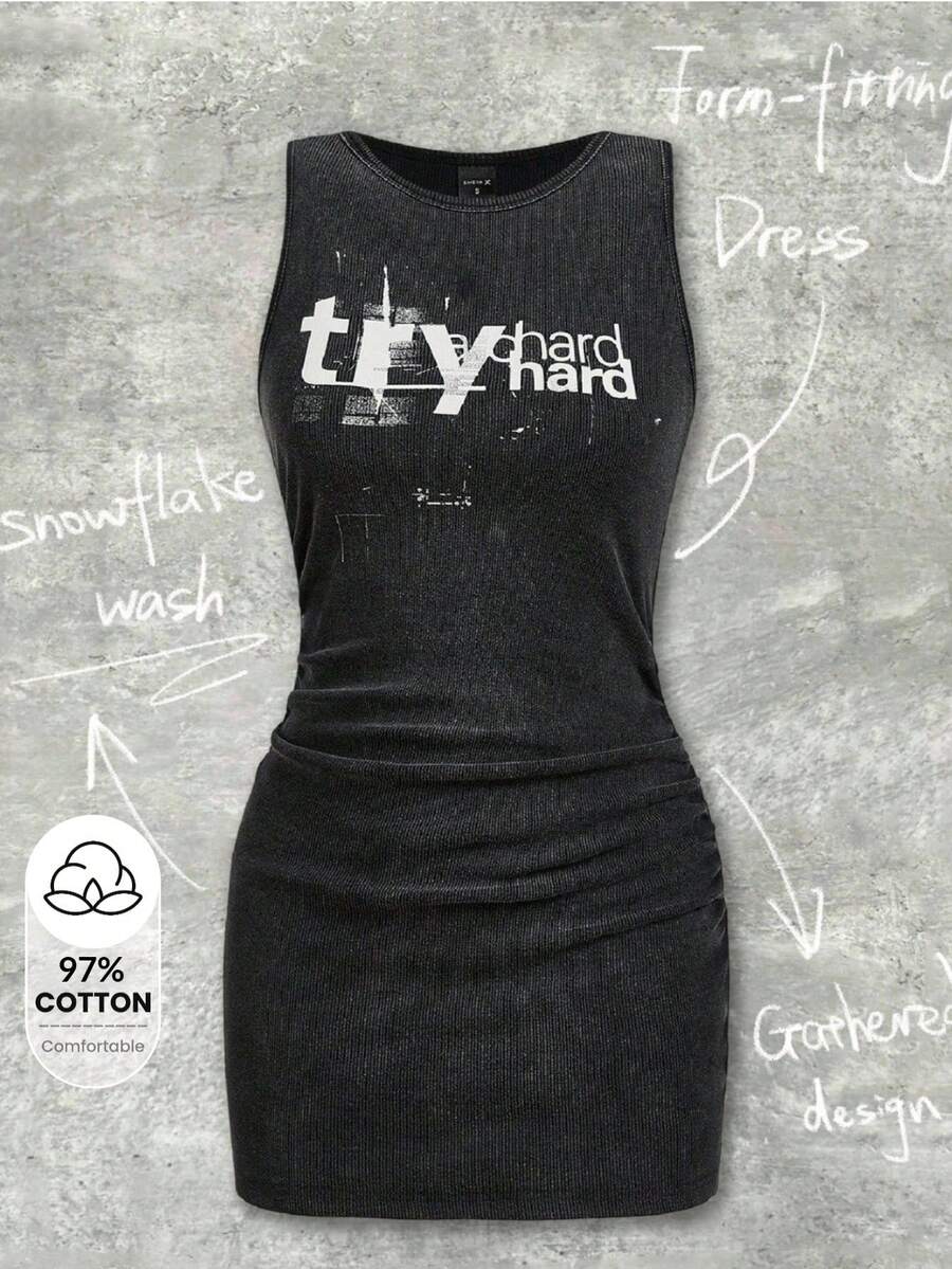 Y2Kool Ronald Lubega Women's Letter Print Pleated Casual Sleeveless Mini Dress Try Hard Dress Ribbed Dress Y2k Dress Bodycon Dress Party Dress Stylish Clothing Collection New Year Outfits Cotton - Dark Grey - View 1