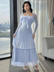 Modelyn 女士纯色方领荷叶边中长连衣裙 - 湖藍色 - 查看 5