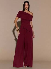 SHEIN BAE Autumn/Winter Solid Brown Sexy Asymmetric Neck Women Short Sleeve Top & Pants 2-Piece Set Autumn/Winter Thermal Thermal Lining Women's Knit 2-Piece Set Basic Knit Women's Asymmetric Neck Top - Burgundy - View 5