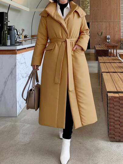 EURMUSE Belted Maxi Puffer Coat, Oversized Warm Quilted Jacket With High Neck And Detachable Hood, Winter Street Style Must-Have, Cozy Statement Outerwear For Cold Days, Longline Fit For Urban Look, Fashion-Forward Snow-Ready Coat For Gen Z Girls Long Coat Long Coats For Women Long Jacket For Women Outerwear Women Trench Coat Women