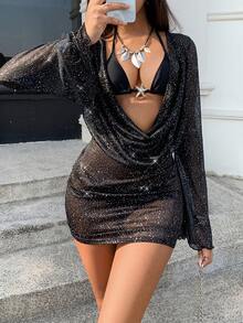 Swim Basics Women's Shiny Metallic Silver Foil Pleated Flare Sleeve Draped Neck Kaftan Dress, Suitable For Vacation, Party, Beach - Black - View 5