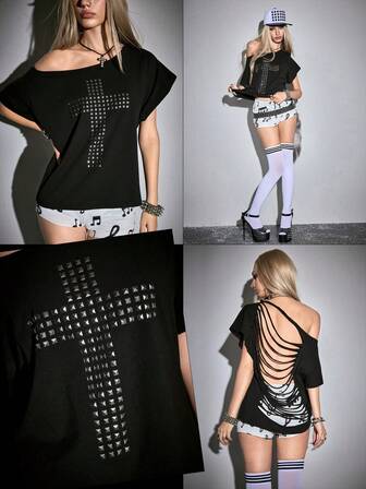 Grunge Punk Y2K Punk Kpop Cross Rivet Design Laser Cut Loose Fit Solid Color Casual T-Shirt