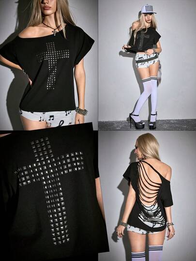 Grunge Punk Y2K Punk Kpop Cross Rivet Design Laser Cut Loose Fit Solid Color Casual T-Shirt