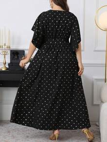 SHEIN Clasi Robe de soirée élégante pour femmes grandes tailles avec nœud papillon, col en V métallique, manches évasées, taille nouée, froncée et fente - Noir - Voir 2