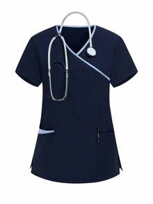 TaskEZ Conjunto de uniforme de pijama de unicolor con parches, cuello en V y manga corta - Azul Marino - View 3