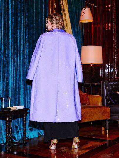 VOLUPTÉ CURVE Plusstorlekar Höst/Vinter Modern Glamorös Feststil Paljettbroderad Tyg Med Satinslag Långärmad Rak A-linjeformad Silhuett Sidoslits Nedsänkta Axlar Knälång Formell Klädliknande Ytterplaggskappa, Lämplig För Kvällsfest, Pendling, Dejt, Bal, Mångsidig Bästsäljare