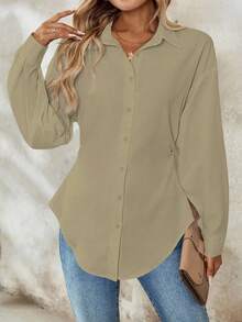 Chiquease Bluză albă pentru femei, elegantă, casual, cu talie strânsă, cu mânecă lungă și pliuri, potrivită pentru serviciu și școală - Cămilă - Vizualizare 3