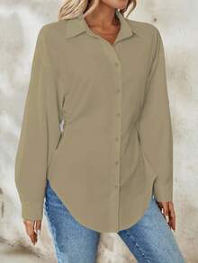 Chiquease Bluză albă pentru femei, elegantă, casual, cu talie strânsă, cu mânecă lungă și pliuri, potrivită pentru serviciu și școală - Cămilă - Vizualizare 4