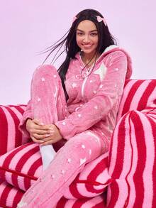 Pijama de una pieza con capucha de franela con diseño de oreja 3D para mujer, esponjoso para invierno - Multicolor - Ver 7