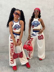 2pcs/Set Tween Girl Casual Street Style Numeric & Letter Print Camisole And Loose Pants Set, Suitable For Street Fashion, Spring/Summer Casual Short Sleeve Outfit - Multicolor - View 4