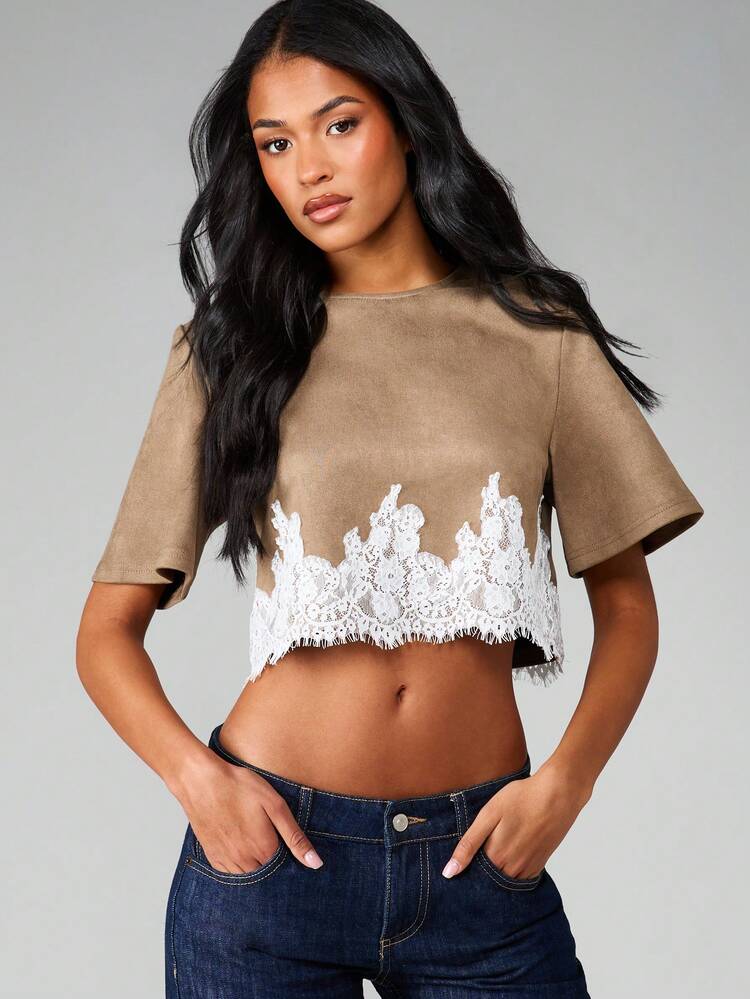 MISSGUIDED Suede Lace Trim Boxy Short Sleeve Crop Top With White Floral Applique Detail Fall Winter Style