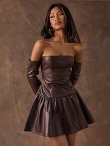 SHEIN BAE Vestido ajustado de mujer de un solo color con hombros descubiertos, manga larga y volante en el bajo - Marrón - Ver 4