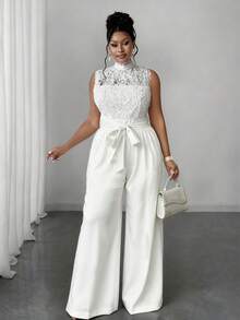 Maweii 大码女式优雅休闲无袖连体裤，显瘦 - 白色 - 查看 4