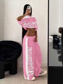 StreetHx 2pcs/Set Women Printed Contrast Color Crop Top + Sweatpants Lounge Wear Set - Multicolor - View 1