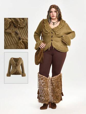 Fairycore Cárdigan de punto con mangas largas, volantes y estampado floral vintage, talla grande, para otoño/invierno