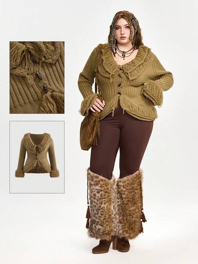 Fairycore Cardigan lavorato a maglia con maniche lunghe, arricciature e stampa floreale vintage, taglia comoda, adatto per l'autunno/inverno