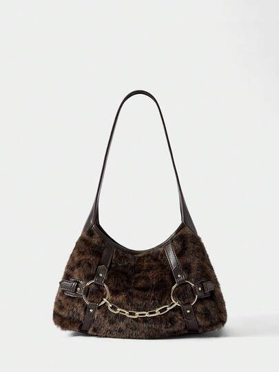 Grunge Punk Y2K Faux Fur Shoulder Bag With Chain Detail, Punk Gothic Fluffy Hobo Bag, Street Style Handbag