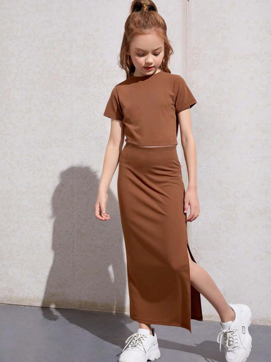 SHEIN Sparklyn Tween GirlsStriped Knit Ribbed Crop Top And A-Line Long Skirt 2 Pieces Set, Casual Daily Outfit Summer Holiday - Coffee Brown - View 1
