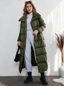 EURMUSE Solid Belted Puffer Coat