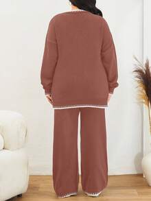 Color Block Edged Long Sleeve Sweater And Knitted Pants Two Pieces Set - Rusty Rose - View 2