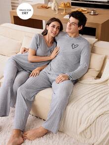 CoupledUp Men's Simple Heart Print Soft & Skin-Friendly Ribbed Loungewear Set, Winter Clothes - Grey - View 7