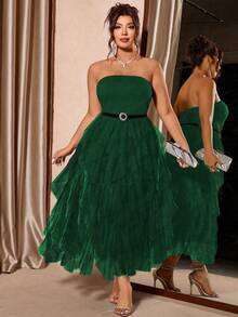 Cravure Plus Size Women's Bestselling Solid Color Elegant Strapless Mesh Irregular Patchwork Dress, Fitted Slimming A-Line Silhouette, Suitable For Party, Club, Evening Gala, Daily Commute, Dining Out, Photo Shoot - Green - View 1