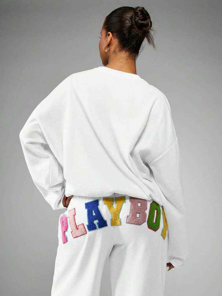Missguided x Playboy Oversized Sweatshirt With Colorful Applique Patches Letter Graphics Long Sleeve Crew Neck Pullover Casual Streetwear Top