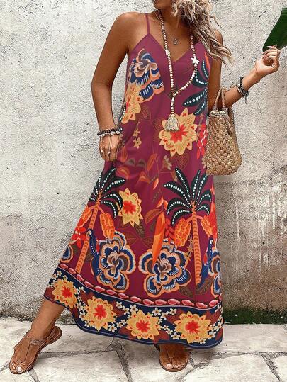 SHEIN Holidaya Plus Size Women Floral Print Loose Maxi Slip Dress, Casual Everyday/Commute/Holiday Wear, Summer Boho Summer Dress Women Maxi Vacation Dress Casual Maxi Dress