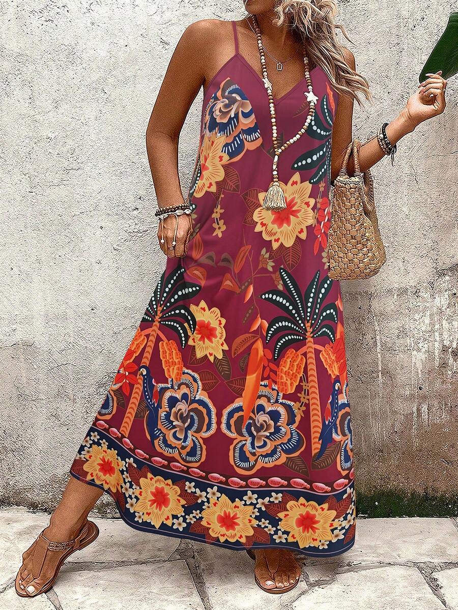 SHEIN Holidaya 大码女式印花宽松吊带长裙，休闲日常/通勤/度假穿着，夏季 - 中紫紅色 - 查看 1