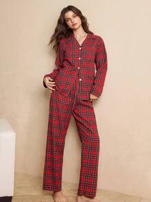 SHEIN Bộ đồ ngủ nữ kiểu dáng thường ngày, áo cổ bẻ và quần kẻ caro, thoải mái và thanh lịch, thích hợp cho mùa thu đông. - Nhiều màu - Xem 1