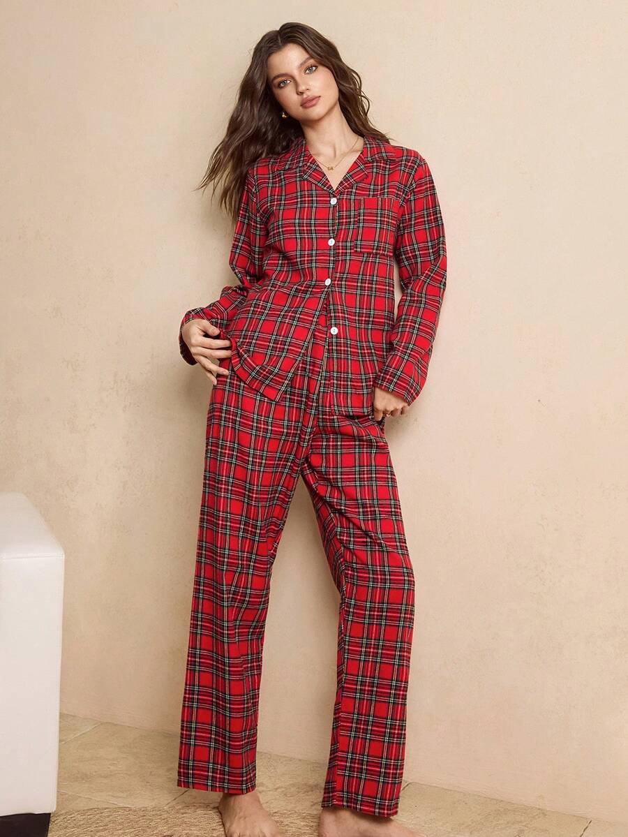SHEIN Bộ đồ ngủ nữ kiểu dáng thường ngày, áo cổ bẻ và quần kẻ caro, thoải mái và thanh lịch, thích hợp cho mùa thu đông. - Nhiều màu - Xem 1