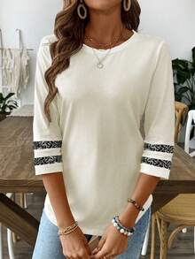 SHEIN LUNE Casual Black Contrast Sequin Embellished Round Neck Long Sleeve Women T-Shirt - Apricot - View 5