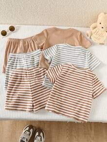 SHEIN LMoss Kids 6件套男婴可爱休闲运动日常短袖T恤和短裤套装，春夏基础款多件装 - 彩色 - 查看 2