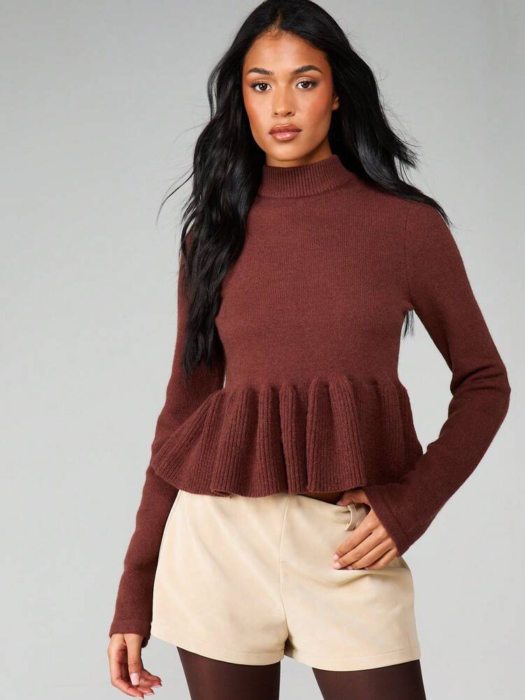 MISSGUIDED Ribbed Knit Mock Neck Peplum Sweater With Flared Hem Long Sleeve Fall Winter Pullover Jumper