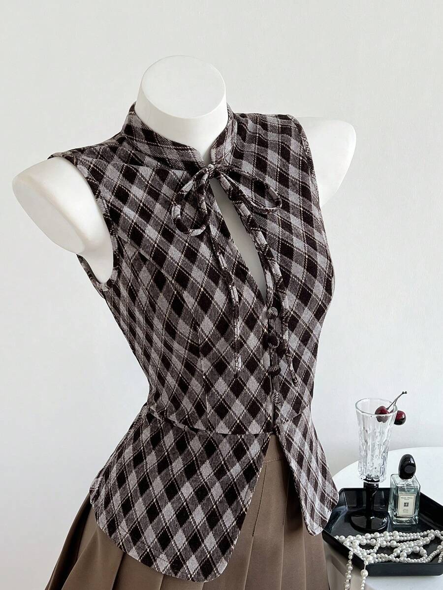 Elamini Brown Plaid Chenille Fabric Stand Collar Buttoned Waist Sleeveless Tank Top For Women, Autumn/Winter , Fashion, Commute, Retro, Teacher, Graduation, Back To School, Date, Elegant, Minimalist, Versatile - Brown - View 1