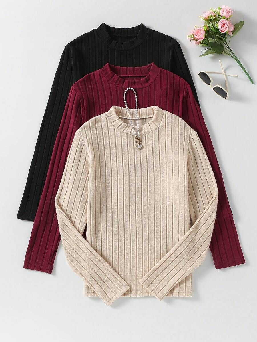 SHEIN 3pcs/Set Teen Girls' Solid Color Crew Neck Long Sleeve Casual Ribbed T-Shirts - Burgundy - View 1