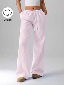 TRNVIE 粉色棉质低腰抽绳直筒裤，女士时尚休闲家居服，春季