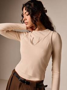AiiRZ Mehrlagiges geripptes Langarmoberteil mit ausgeschnittenem Ausschnittdetail, Stehkragen, Basic Passform für Herbst/Winter, Beige - Verschiedenfarbig - Übersicht 3