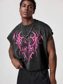 ROMWE MEN Goth 时尚印花复古夏季短款圆领背心 - 黑色 - 查看 1