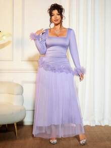 Elenzga Đầm dài ngang gối thanh lịch màu tím hoa văn phối ren và lưới dành cho nữ cỡ lớn, thích hợp cho ngày Valentine, thiết kế tay dài độc đáo, phù hợp để mặc nhiều lớp vào mùa đông, đi du lịch, nghỉ dưỡng và dự tiệc cưới lãng mạn. - Màu tím hoa cà - Xem 3