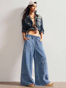 Bohemela Quần jean ống rộng màu trơn thường ngày dành cho nữ - Rửa trung bình - Xem 6