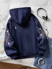 Sparklyn Tween Girl Rhinestone Embellished Hooded Sweatshirt Sweatshirt, Comfortable Knit - Navy Blue - View 2