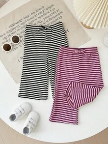 SHEIN Babygirl Cute Loose Knit Striped Elastic Waist Pants, Versatile All-Match Style Suitable For Indoor, Outdoor Skiing, Daily Wear, Sports, Play, Party, Photography, Christmas And Other Occasions, Autumn/Winter - Multicolor - View 4