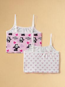 Felix The Cat X SHEIN Young Girl Cute & Comfortable Heart And Cat Print Base Layer Underwear - Pink - View 2