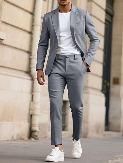 Manfinity Mode 男士浅灰色V领休闲西装套装，春夏