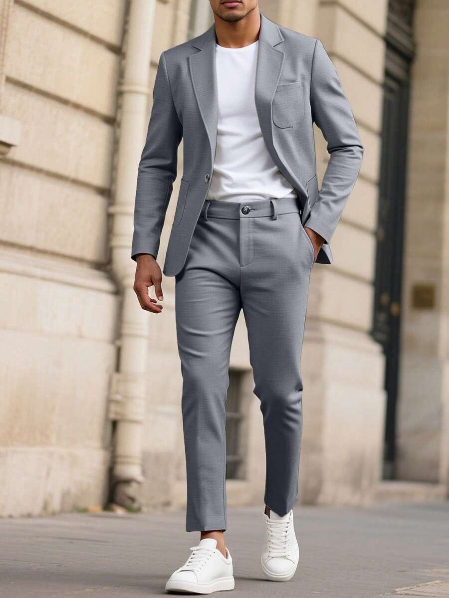 Manfinity Mode 男士浅灰色V领休闲西装套装，春夏 - 灰色 - 查看 1