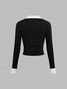 Sweetra Fashionable Casual Slim Fit Turndown Collar Long Sleeve T-Shirt, Versatile For Spring & Autumn - Black - View 2