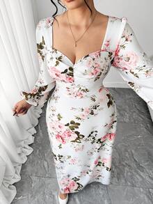 Elenzga 情人节加大码女士优雅方领泡泡灯笼袖碎花长裙，浪漫法式设计，喇叭裙摆，收腰显瘦，适合约会、休闲、度假、春夏穿着。 - 粉色 - 查看 7